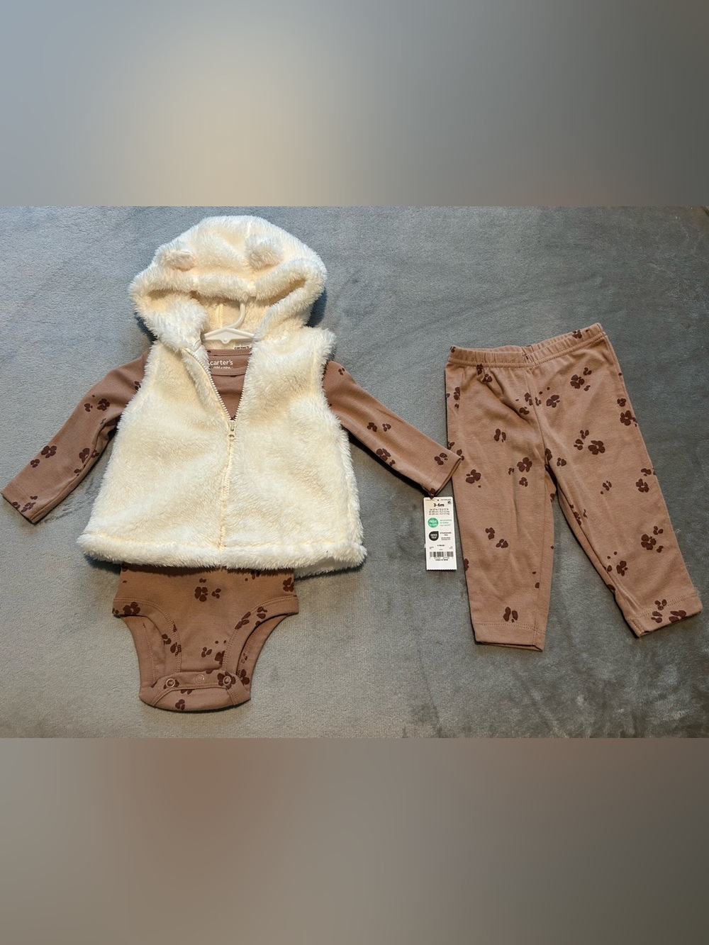 Carter's Cream Fuzzy Hooded Vest with Brown Paw-Print Onesie and Pants